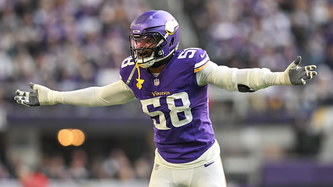 Dec 1, 2024; Minneapolis, Minnesota, USA; Minnesota Vikings linebacker Jonathan Greenard (58) reacts during the second quarter against the Arizona Cardinals at U.S. Bank Stadium. 