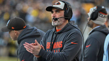 Dec 8, 2024; Pittsburgh, Pennsylvania, USA; Cleveland Browns head coach Kevin Stefanski reacts against the Pittsburgh Steelers during the fourth quarter at Acrisure Stadium. Mandatory Credit: Barry Reeger-Imagn Images