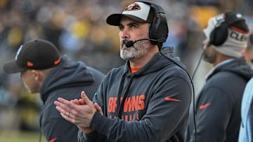 Cleveland Browns head coach Kevin Stefanski reacts against the Pittsburgh Steelers during the fourth quarter at Acrisure Stadium.