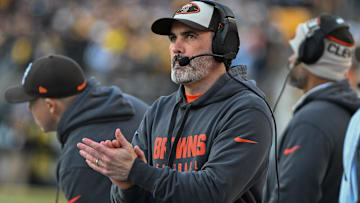 Cleveland Browns head coach Kevin Stefanski reacts against the Pittsburgh Steelers during the fourth quarter at Acrisure Stadium.