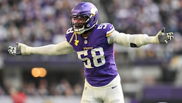Dec 1, 2024; Minneapolis, Minnesota, USA; Minnesota Vikings linebacker Jonathan Greenard (58) reacts during the second quarter against the Arizona Cardinals at U.S. Bank Stadium.