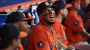 Jul 12, 2025; Houston, Texas, USA; Houston Astros third baseman Isaac Paredes (15) laughs with teammates before playing against the Texas Rangers at Daikin Park. Mandatory Credit: Thomas Shea-Imagn Images