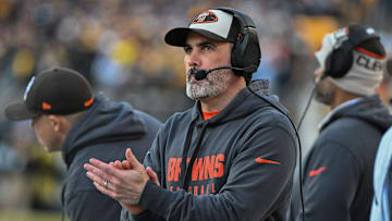 Dec 8, 2024; Pittsburgh, Pennsylvania, USA; Cleveland Browns head coach Kevin Stefanski reacts against the Pittsburgh Steelers during the fourth quarter at Acrisure Stadium. Mandatory Credit: Barry Reeger-Imagn Images