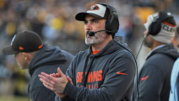 Dec 8, 2024; Pittsburgh, Pennsylvania, USA; Cleveland Browns head coach Kevin Stefanski reacts against the Pittsburgh Steelers during the fourth quarter at Acrisure Stadium. Mandatory Credit: Barry Reeger-Imagn Images