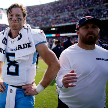 Tennessee Titans quarterback Will Levis (8) on the field after their 24-17 loss against the Chicago Bears at Soldier Field in Chicago, Ill., Sunday, Sept. 8, 2024.