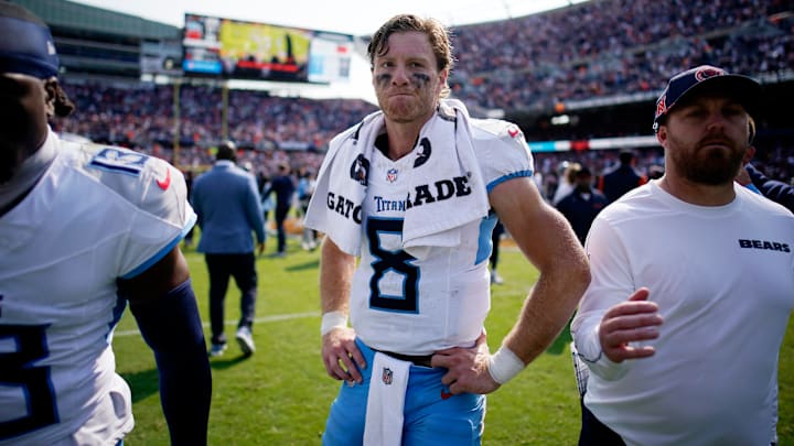 Tennessee Titans quarterback Will Levis (8) on the field after their 24-17 loss against the Chicago Bears at Soldier Field in Chicago, Ill., Sunday, Sept. 8, 2024.