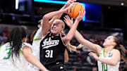 Indiana Hoosiers forward Faith Wiseman (31) recovers a rebound Thursday, March 6, 2025, during the Big Ten women's tournament at Gainbridge Fieldhouse in Indianapolis. Indiana Hoosiers defeated the Oregon Ducks, 78-62.