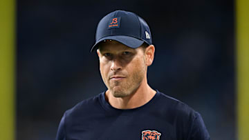 Sep 14, 2025; Detroit, Michigan, USA; Chicago Bears head coach Ben Johnson looks on during warmups prior to the game against the Detroit Lions at Ford Field. Mandatory Credit: Lon Horwedel-Imagn Images