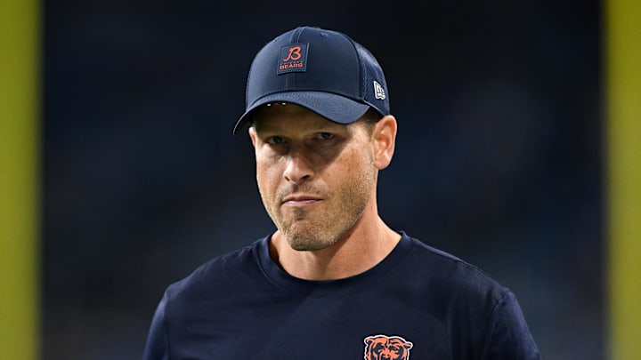 Sep 14, 2025; Detroit, Michigan, USA; Chicago Bears head coach Ben Johnson looks on during warmups prior to the game against the Detroit Lions at Ford Field. Mandatory Credit: Lon Horwedel-Imagn Images