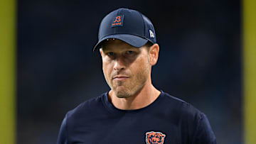 Sep 14, 2025; Detroit, Michigan, USA; Chicago Bears head coach Ben Johnson looks on during warmups prior to the game against the Detroit Lions at Ford Field. Mandatory Credit: Lon Horwedel-Imagn Images