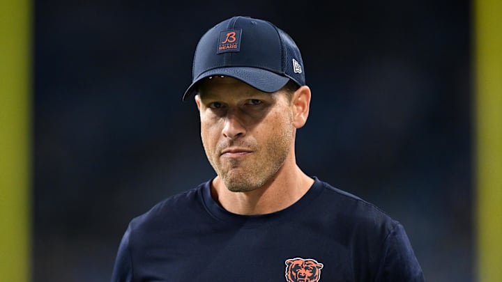 Sep 14, 2025; Detroit, Michigan, USA; Chicago Bears head coach Ben Johnson looks on during warmups prior to the game against the Detroit Lions at Ford Field. Mandatory Credit: Lon Horwedel-Imagn Images