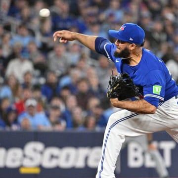 Apr 13, 2024; Toronto, Ontario, CAN;  Toronto Blue Jays relief pitcher Yimi Garcia (93) delivers a pitch against the Colorado Rockies in the ninth inning at Rogers Centre.