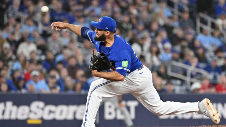 Apr 13, 2024; Toronto, Ontario, CAN;  Toronto Blue Jays relief pitcher Yimi Garcia (93) delivers a pitch against the Colorado Rockies in the ninth inning at Rogers Centre.