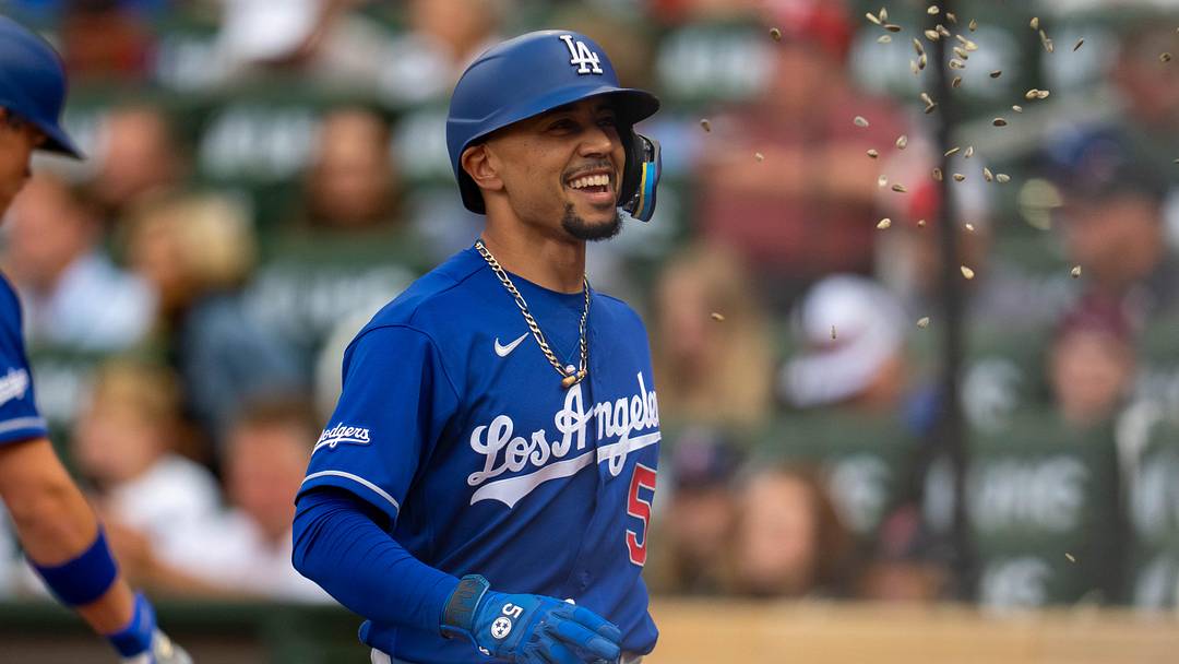 Jun 24, 2026; Minneapolis, Minnesota, USA; Los Angeles Dodgers shortstop Mookie Betts (50) reacts after hitting a solo home run against the Minnesota Twins in the first inning at Target Field. Mandatory Credit: Jesse Johnson-Imagn Images