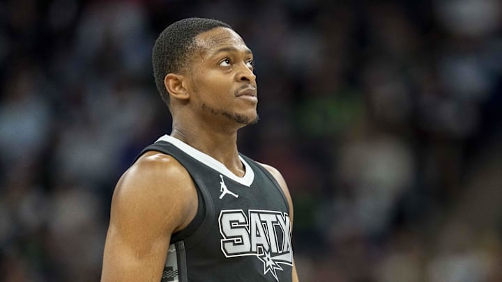 Mar 9, 2025; Minneapolis, Minnesota, USA; San Antonio Spurs guard De'Aaron Fox (4) looks on against the Minnesota Timberwolves in the second half at Target Center. Mandatory Credit: Jesse Johnson-Imagn Images