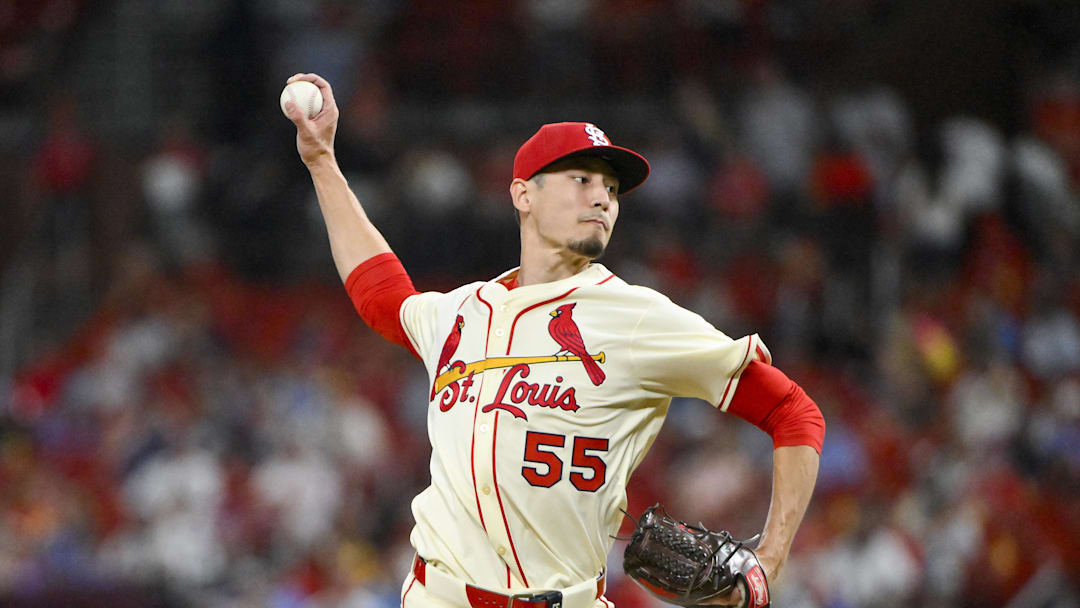 Sep 20, 2025; St. Louis, Missouri, USA; St. Louis Cardinals relief pitcher Riley O'Brien (55) pitches against the Milwaukee Brewers during the eighth inning at Busch Stadium. Mandatory Credit: Jeff Curry-Imagn Images