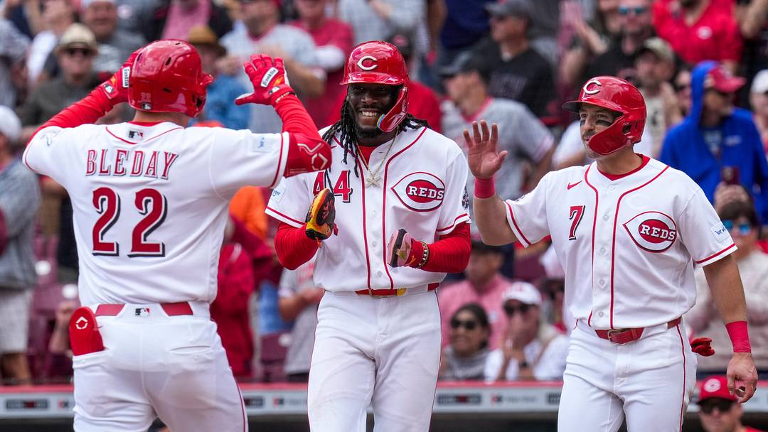 Cincinnati Reds designated hitter JJ Bleday (22) celebrates a three-run home run in the fifth inning of the MLB National League game between the Cincinnati Reds and the Washington Nationals at Great American Ball Park in downtown Cincinnati on Thursday, May 14, 2026. The Reds led 2-0 after three innings. The Reds won 15-1.