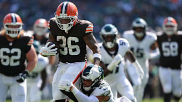 Aug 16, 2025; Philadelphia, Pennsylvania, USA; Cleveland Browns running back Trayveon Williams (36) carries the ball against Philadelphia Eagles safety Tristin McCollum (36) in the second half at Lincoln Financial Field. Mandatory Credit: Kyle Ross-Imagn Images