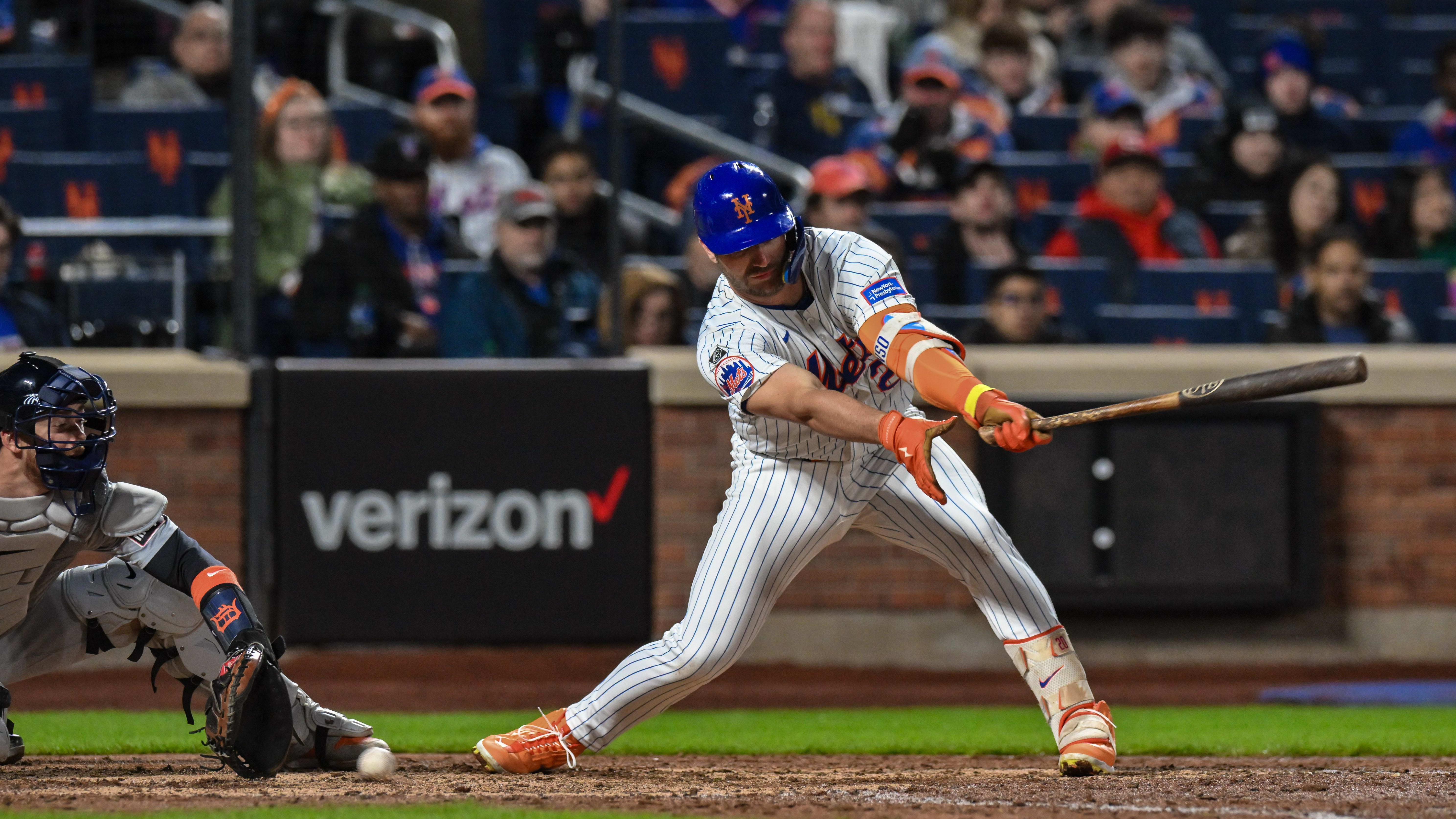 Apr 1, 2024; New York City, NY, USA; New York Mets first baseman Pete Alonso (20) strikes out against the Detroit Tigers.