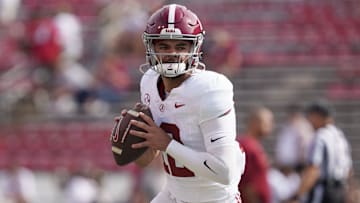 Sep 14, 2024; Madison, Wisconsin, USA;  Alabama Crimson Tide quarterback Dylan Lonergan (12) during warmups prior to the game against the Wisconsin Badgers at Camp Randall Stadium. Mandatory Credit: Jeff Hanisch-Imagn Images