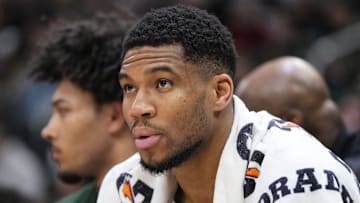 Feb 23, 2025; Milwaukee, Wisconsin, USA;  Milwaukee Bucks forward Giannis Antetokounmpo (34) looks on during the second quarter against the Miami Heat at Fiserv Forum. Mandatory Credit: Jeff Hanisch-Imagn Images