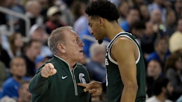 Feb 4, 2025; Los Angeles, California, USA; Michigan State Spartans head coach Tom Izzo has words with guard Jaden Akins (3) in the second half against against the UCLA Bruins at Pauley Pavilion presented by Wescom. Mandatory Credit: Jayne Kamin-Oncea-Imagn Images