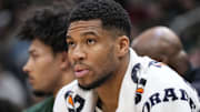 Feb 23, 2025; Milwaukee, Wisconsin, USA;  Milwaukee Bucks forward Giannis Antetokounmpo (34) looks on during the second quarter against the Miami Heat at Fiserv Forum. Mandatory Credit: Jeff Hanisch-Imagn Images