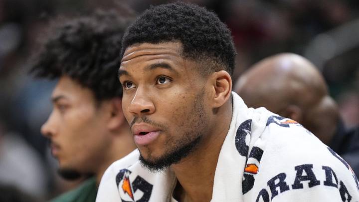 Feb 23, 2025; Milwaukee, Wisconsin, USA;  Milwaukee Bucks forward Giannis Antetokounmpo (34) looks on during the second quarter against the Miami Heat at Fiserv Forum. Mandatory Credit: Jeff Hanisch-Imagn Images