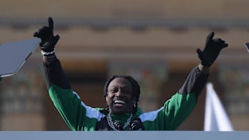 Feb 14, 2025; Philadelphia, PA, USA; Philadelphia Eagles receiver A.J. Brown addresses the crowd during the Super Bowl LIX championship parade and rally. Mandatory Credit: Kirby Lee-Imagn Images