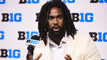 Jul 25, 2024; Indianapolis, IN, USA; Michigan Wolverines running back Donovan Edwards speaks to the media during the Big 10 football media day at Lucas Oil Stadium. Mandatory Credit: Robert Goddin-USA TODAY Sports