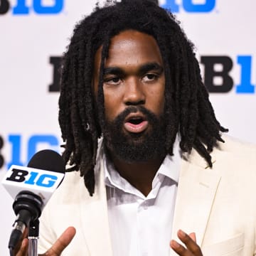 Jul 25, 2024; Indianapolis, IN, USA; Michigan Wolverines running back Donovan Edwards speaks to the media during the Big 10 football media day at Lucas Oil Stadium. Mandatory Credit: Robert Goddin-USA TODAY Sports