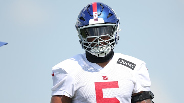 Jul 23, 2025; East Rutherford, NJ, USA; New York Giants linebacker Kayvon Thibodeaux (5) on the field during training camp at Quest Diagnostics Training Center. Mandatory Credit: Vincent Carchietta-Imagn Images