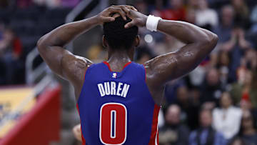 Mar 28, 2025; Detroit, Michigan, USA;  Detroit Pistons center Jalen Duren (0) : Rick Osentoski-Imagn Images