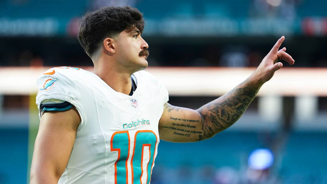 Miami Dolphins linebacker Jacob Rodriguez (10) leaves the field at the end of a preseason game against the New York Giants at Hard Rock Stadium. Miami Dolphins linebacker Jacob Rodriguez (10) leaves the field at the end of a preseason game against the New York Giants at Hard Rock Stadium.
