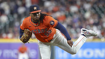 May 30, 2025; Houston, Texas, USA; Houston Astros starting pitcher Framber Valdez (59) delivers a pitch during the second inning against the Tampa Bay Rays at Daikin Park. 