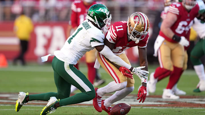 Sep 9, 2024; Santa Clara, California, USA; New York Jets cornerback Sauce Gardner (1) defends a pass to San Francisco 49ers wide receiver Brandon Aiyuk (11) during the first quarter at Levi's Stadium. 