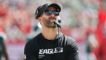 Sep 28, 2025; Tampa, Florida, USA; Philadelphia Eagles head coach Nick Sirianni looks on during the second half against the Tampa Bay Buccaneers at Raymond James Stadium. Mandatory Credit: Kim Klement Neitzel-Imagn Images