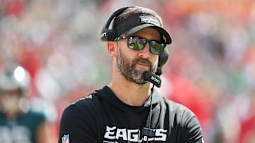 Sep 28, 2025; Tampa, Florida, USA; Philadelphia Eagles head coach Nick Sirianni looks on during the second half against the Tampa Bay Buccaneers at Raymond James Stadium. Mandatory Credit: Kim Klement Neitzel-Imagn Images