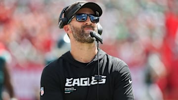 Sep 28, 2025; Tampa, Florida, USA; Philadelphia Eagles head coach Nick Sirianni looks on during the second half against the Tampa Bay Buccaneers at Raymond James Stadium.