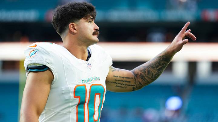 Aug 22, 2026; Miami Gardens, Florida, USA;  Miami Dolphins linebacker Jacob Rodriguez (10) leaves the field at the end of a preseason game against the New York Giants at Hard Rock Stadium.  Mandatory Credit: Rich Storry-Imagn Images