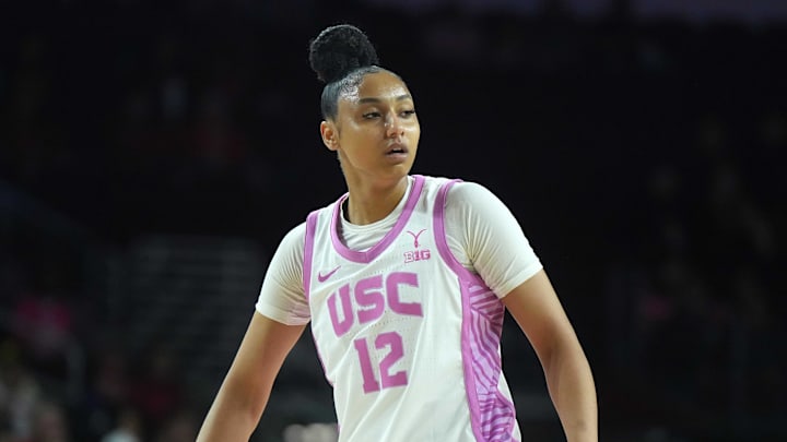 Feb 19, 2025; Los Angeles, California, USA; Southern California Trojans guard JuJu Watkins (12) reacts in the second half against the Michigan State Spartans at the Galen Center. Mandatory Credit: Kirby Lee-Imagn Images Feb 19, 2025; Los Angeles, California, USA; Southern California Trojans guard JuJu Watkins (12) reacts in the second half against the Michigan State Spartans at the Galen Center. Mandatory Credit: Kirby Lee-Imagn Images