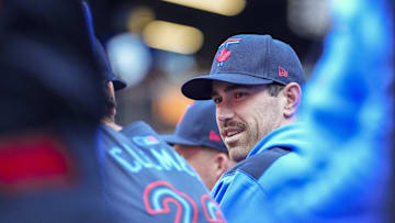 Aug 1, 2025; Toronto, Ontario, CAN; Toronto Blue Jays Shane Bieber (57) of the Toronto Blue Jays looks on from the dugout ahead of play against the Kansas City Royals at Rogers Centre. Mandatory Credit: Kevin Sousa-Imagn Images