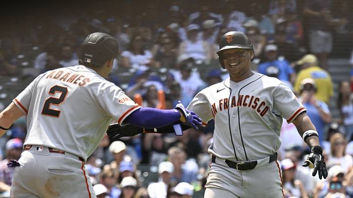 Jun 6, 2026; Chicago, Illinois, USA;  San Francisco Giants first baseman Rafael Devers (16) high fives  shortstop Willy Adames (2) after hitting a home run during the sixth inning against the Chicago Cubs at Wrigley Field. Mandatory Credit: Matt Marton-Imagn Images