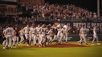 June 1, 2024; College Station, TX, USA; Texas A&M Aggies celebrate a 4-2 win against the Texas Longhorns during the second round in the NCAA baseball College Station Regional at Olsen Field College Station. Mandatory Credit: Dustin Safranek-USA TODAY Sports