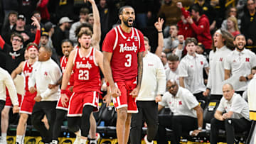 Jan 7, 2025; Iowa City, Iowa, USA; Nebraska Cornhuskers guard Brice Williams (3) reacts after tying the game at the end of regulation against the Iowa Hawkeyes at Carver-Hawkeye Arena.