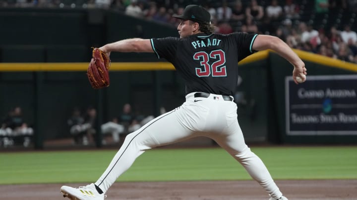 Aug 12, 2024; Phoenix, Arizona, USA; Arizona Diamondbacks pitcher Brandon Pfaadt (32) throws against the Colorado Rockies in the first inning at Chase Field. Mandatory Credit: Rick Scuteri-USA TODAY Sports