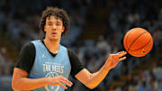 Oct 4, 2025; Charlotte, NC, USA; North Carolina Tar Heels forward Zayden High (1) passes the ball in the second half at Dean E. Smith Center. Mandatory Credit: Bob Donnan-Imagn Images
