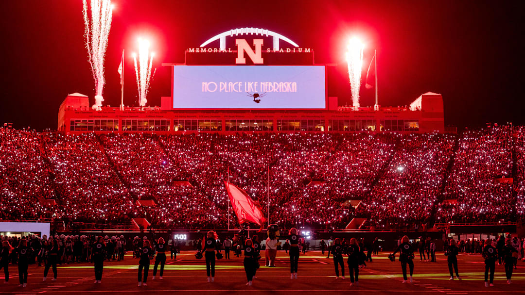 Fireworks go off during the light show between the third and four quarter between the Nebraska Cornhuskers and the Southern California Trojans at Memorial Stadium. 