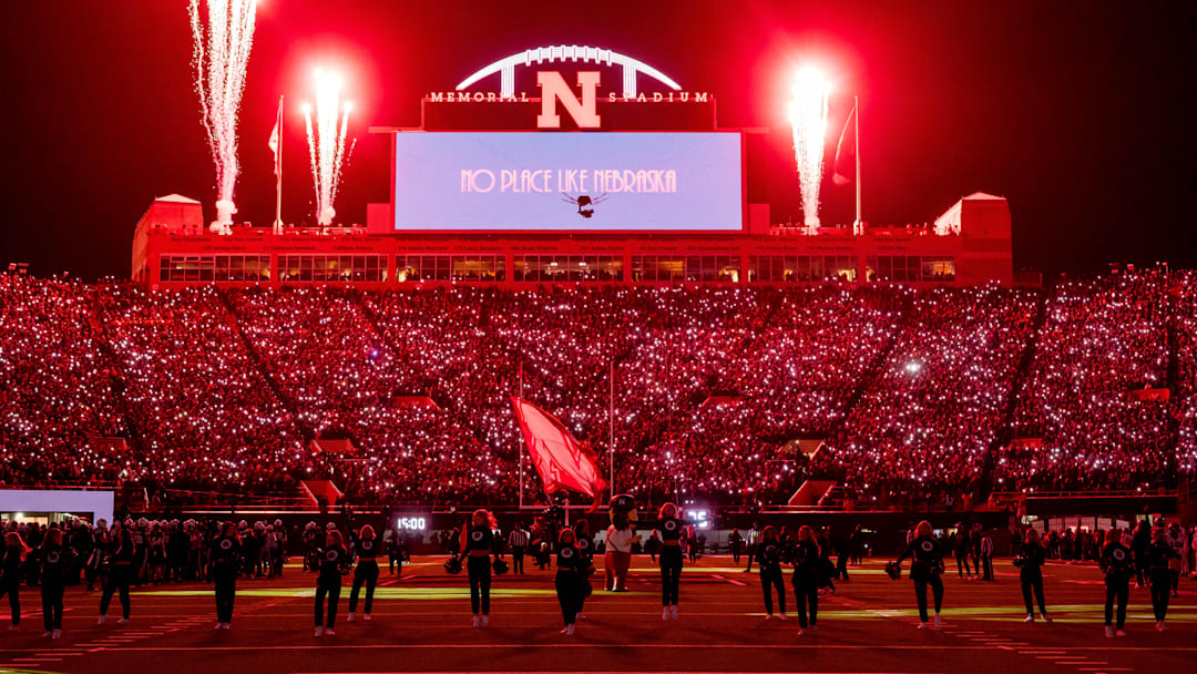 Nov 1, 2025; Lincoln, Nebraska, USA; Fireworks go off during the light show between the third and four quarter between the Nebraska Cornhuskers and the Southern California Trojans at Memorial Stadium. 