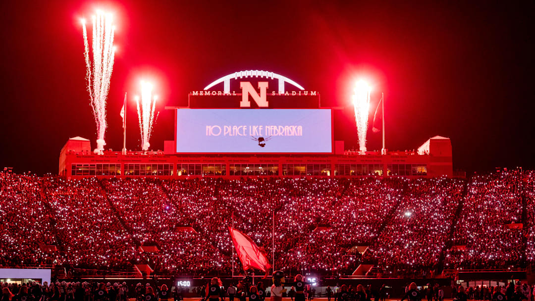 Nov 1, 2025; Lincoln, Nebraska, USA; Fireworks go off during the light show between the third and four quarter between the Nebraska Cornhuskers and the Southern California Trojans at Memorial Stadium. Mandatory Credit: Dylan Widger-Imagn Images
